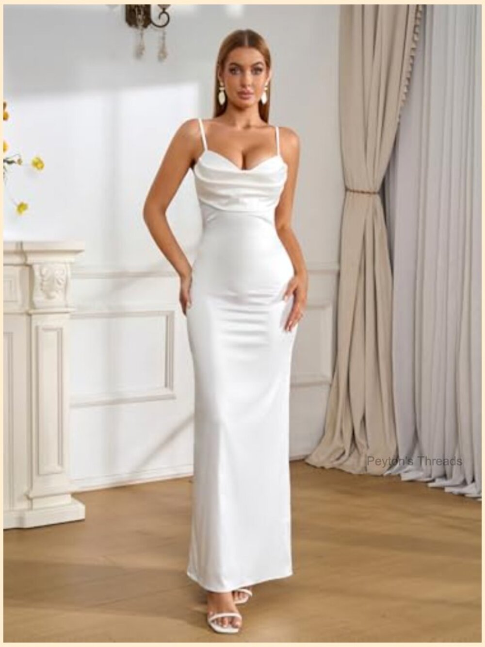 Satin Spaghetti Strap Maxi Dress Lace Cowl Neck Backless Bodycon Cocktail - Picture 2 of 5
